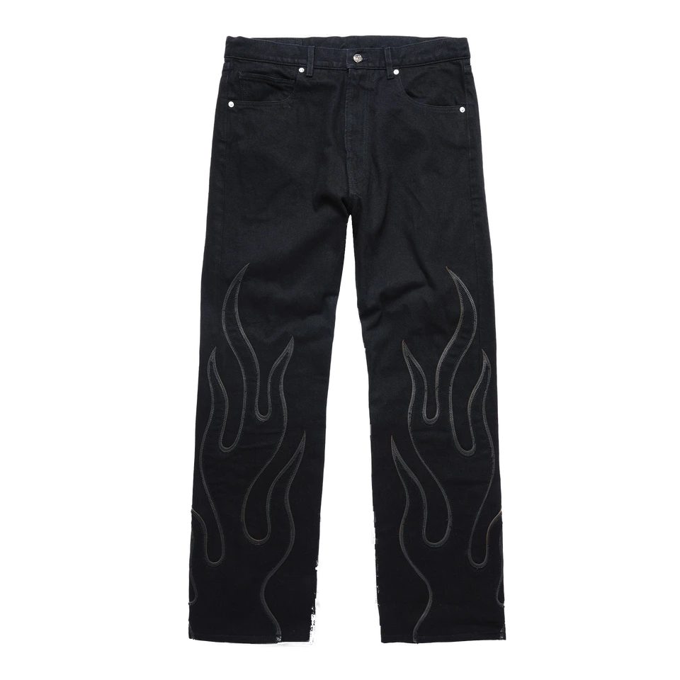 Flame Leather Appliqué Denim Pants - Washed Black