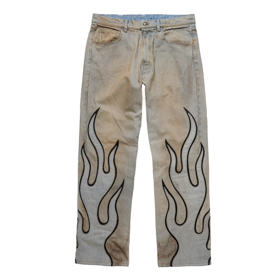 Flame Leather Appliqué Denim Pants - Dirty Blue
